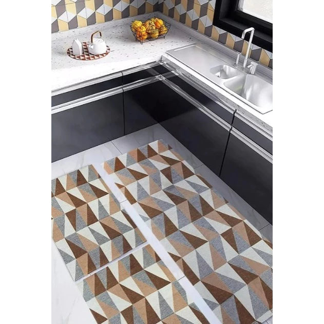 Kit Tapete Cozinha Antiderrapante 3 Peças Geometrico Mosaico